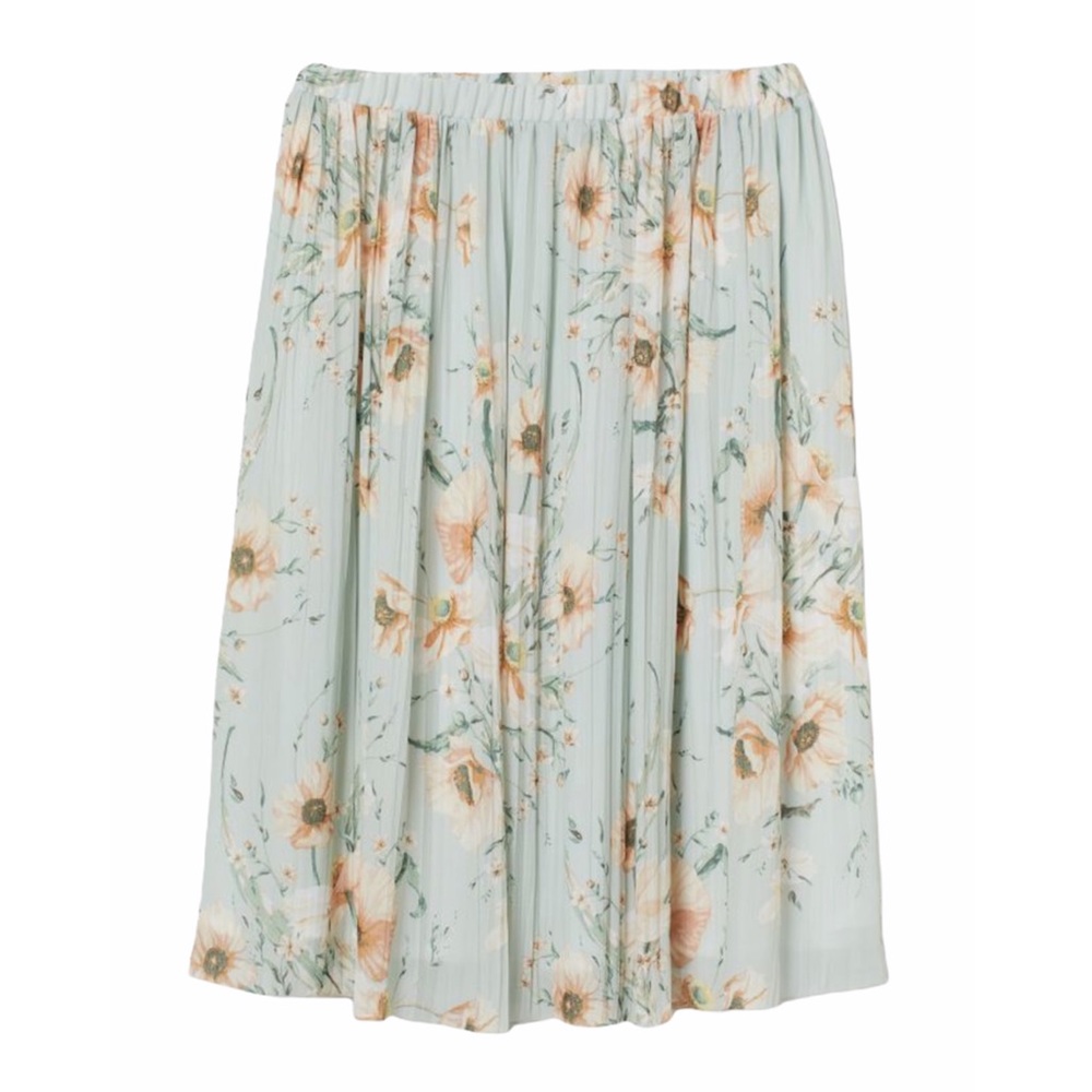 H&M Floral Pleated Skirt - Light Green and Peach